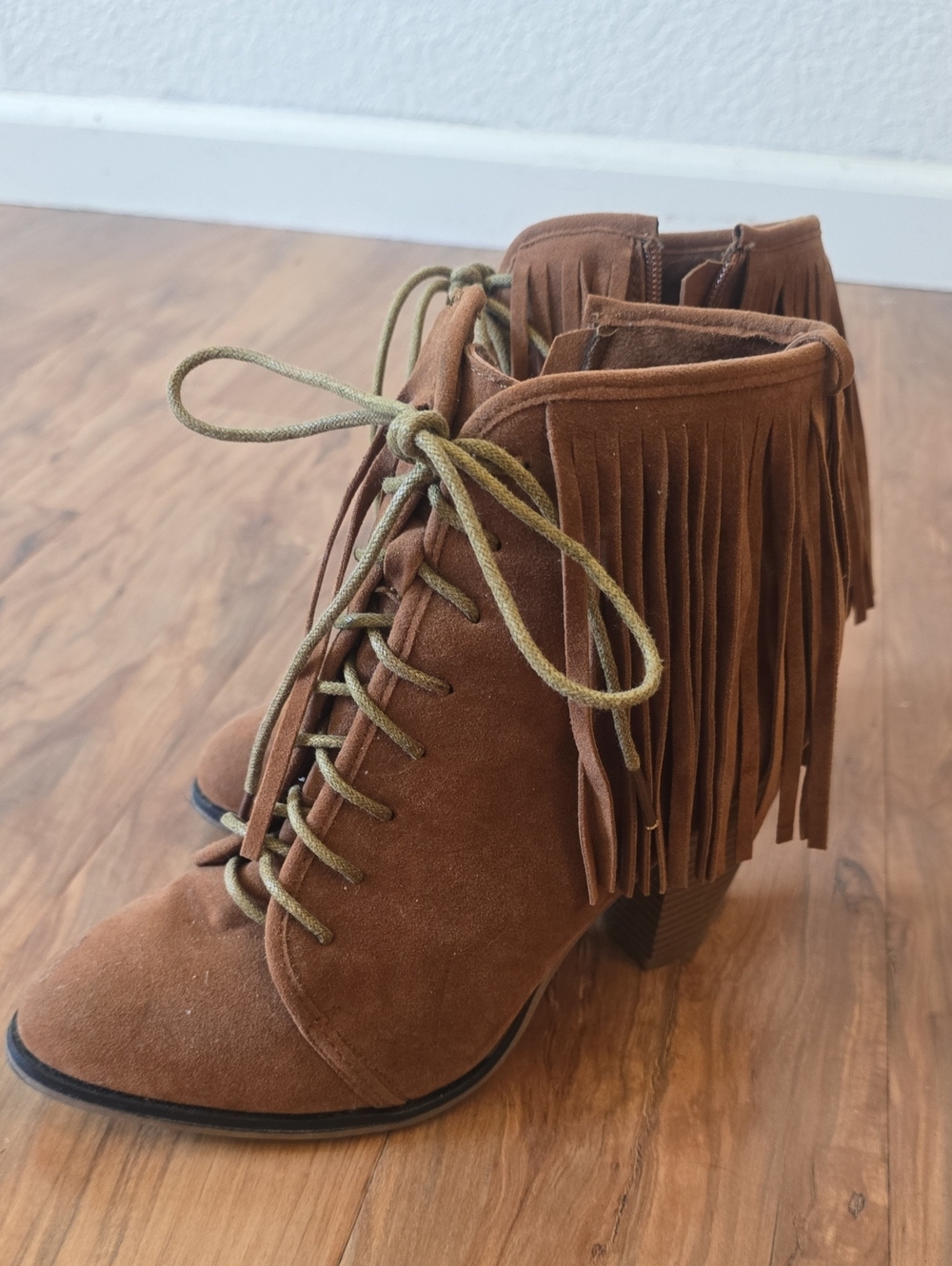 Forever 21 Brown Fringe Lace-Up Suede Ankle Boots